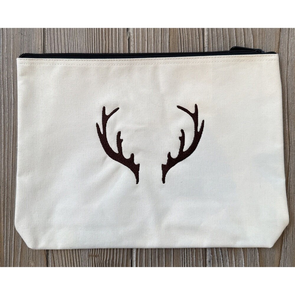 Thirty One Ivory Canvas Zipper Stitched Antler Pouch Accessory Bag New